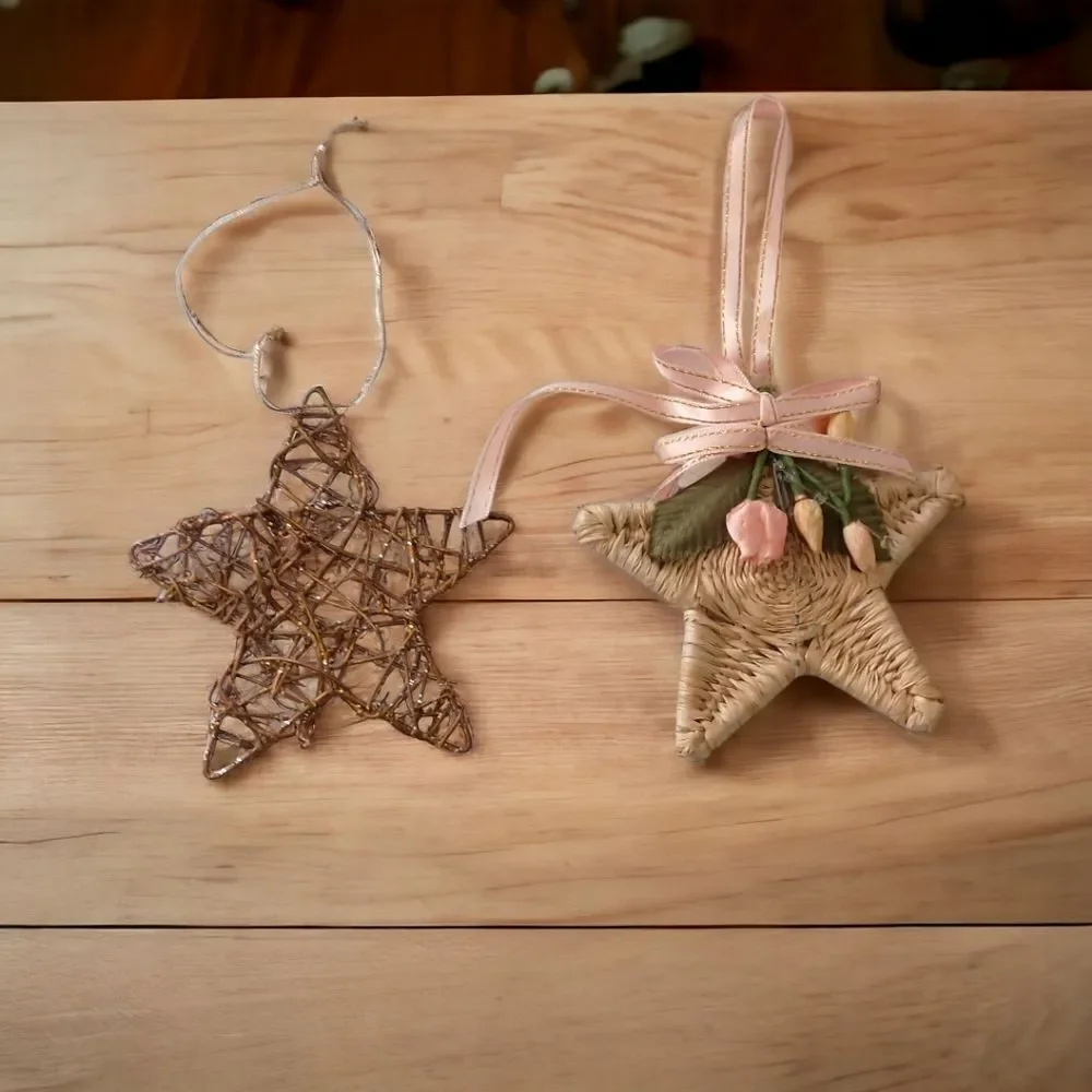 2 Star Christmas Ornaments Rattan Woven Rustic Farmhouse Country‎ Boho Holiday.